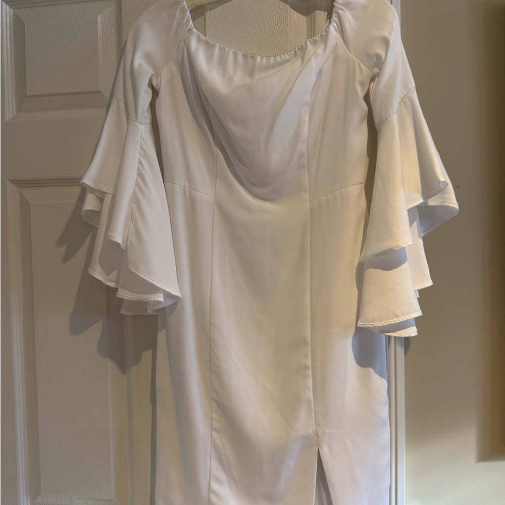 VENUS White Off-Shoulder Midi Dress with Layered Ruffle Sleeves